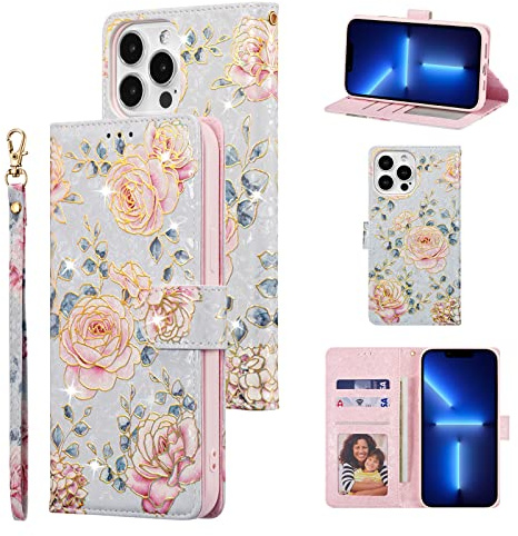 UEEBAI Wallet Case for iPhone 13 Pro Max 6.7 inch, PU Leather Phone Case Kickstand RFID Blocking Flip Case with Card Slots Wrist Strap Relief Engraved Pattern Magnetic Closure Folio Case - Purple Rose