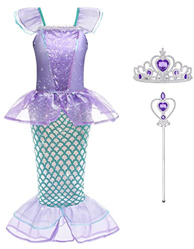 ACWOO Meerjungfrau Kostüm Mädchen Kinder, 3-teiliges Set Arielle Kostüme, Meerjungfrau Prinzessin Kleid Kinder mit Krone Zauberstab für Weihnachten Verkleidung Karneval Halloween Party