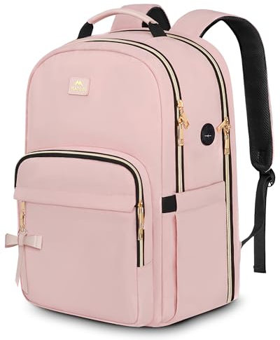 MATEIN Pink Backpack for Women, 17 Inch Anti Theft Backpack with Charging Hole & Luggage Strap, Bow Embellished Water Resistant Womens Rucksack, School Bag for Girls, Travel, University, Work, Pink