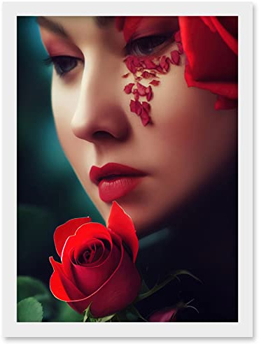Doppelganger33 LTD Portrait Of Melancholic Woman With Red Roses Painting Artwork Framed Wall Art Print A4