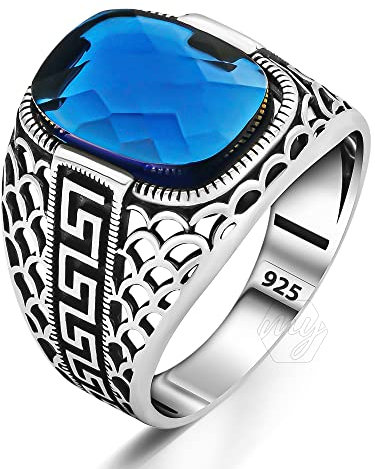 mysilverworld Türkischer Herrenring aus 925er Sterlingsilber, kundenspezifischer Schnitt, blauer Zirkonia-Stein, Metall, Zirkonia