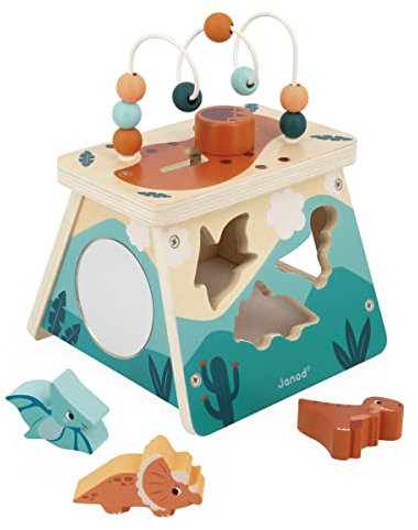 Janod - Aktivitäten-Vulkan - 5 Aktivitäten - Lernspiel und Frühförderung - Feinmotorik - Dino-Kinderspielzeug aus FSC-Holz - Ab 12 Monate, J05827