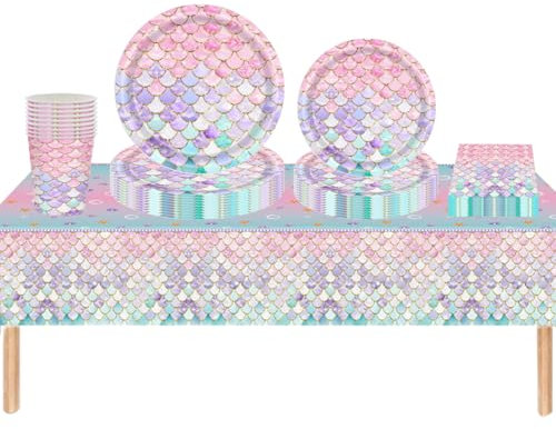 ZOOMPIL Meerjungfrau Motto Partygeschirr, 69pcs Meerjungfrau Partygeschirr Set, Meerjungfrau Pappteller Servietten Tassen für Mädchen Geburtstagdeko Partys, 16 Gäste