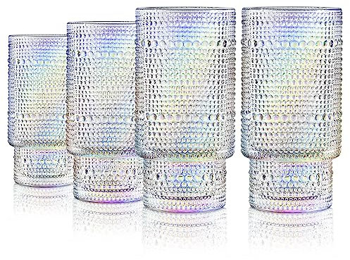 Joeyan 300ml Hobnail Regenbogen Wassergläser, Vintage Stapelbar Bunt Longdrinkgläser, Perlen Geprägte Irisierende Trinkgläser, Romantische Rainbow Saftgläser Cocktailgläser,Set von 4,Spülmaschinenfest