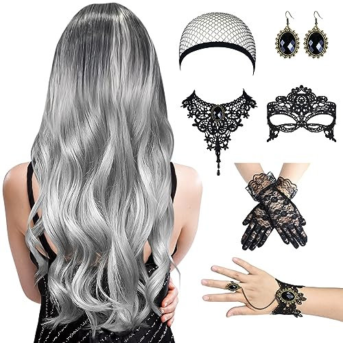 FORMIZON 70cm Grau Lange Wellte Lockige Haare, 9tlg Perücke Frauen Kostüm Set, Long Curly Wig mit Schmuck Spitze Maske Lace Handschuhe, mit Haarnetz für Halloween Karneval Cosplay