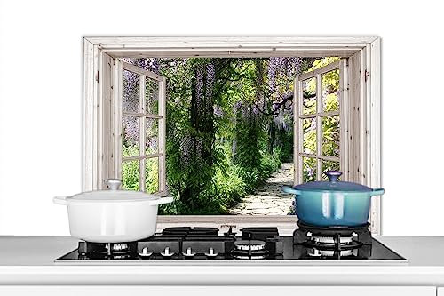 KitchenYeah© Spritzschutz Küchenrückwand Platte Küche Deko Aluminium Platte Spritzschutz Küchenwand WandverkleidungGlyzinie - Blumen - Durchsichtige - Baum - Frühling - 80x55 cm