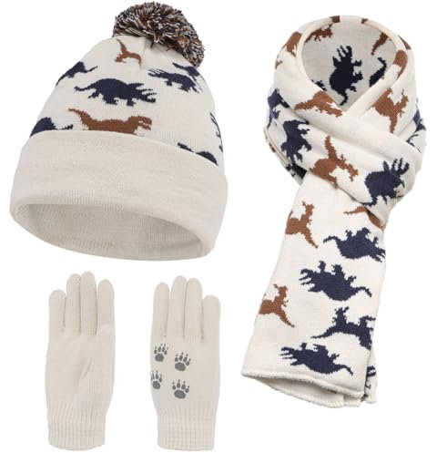 NATUST Mütze Schal Handschuh-Sets für Jungen Dinosaurier Wintermütze mit Bommel Warmer Strickschal Handschuhe Weiß