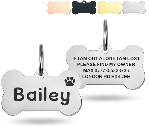 Deep Engraved Dog Tags for Pets UK Prime, Personalised Cat Dog Name ID Tags, Stainless Steel Pet Tag for Doggy Kitten Kitty Puppy, Scratch Resistant Tag (Silver Bone, L)