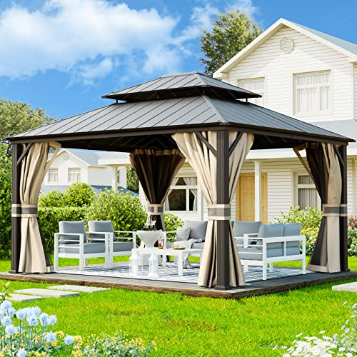 UDPATIO 3.65 x 4.25 m Gartenpavillon Wasserdicht Stabil Winterfest Hardtop Pavillon, Verzinkter Stahl Doppeldach Aluminium Pavillon mit Moskitonetz und Vorhänge für Garten, Terrasse, Rasen, Beige
