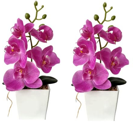 XIZHI Lot de 2 orchidées artificielles avec vase, 25,4 cm, bonsaï, fleurs papillon en soie avec pot pour mariage, bureau, décoration d'intérieur, centres de table (violet)