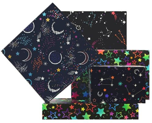 Geluode Galaxy Geschenkpapier Geburtstag für Männer Frauen Jungen Mädchen, 4 Blatt in Designs mit Sternbild, Neon Sterne, Sternenhimmel, Nebel Hochzeit Weihnachten Babyparty