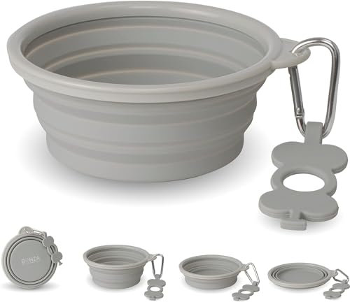 Bonza by Leash Boss Small Collapsible Dog Bowl, Sturdy Reinforced Rim, Includes Carabiner & Water Bottle Holder Keychain, Light Gray