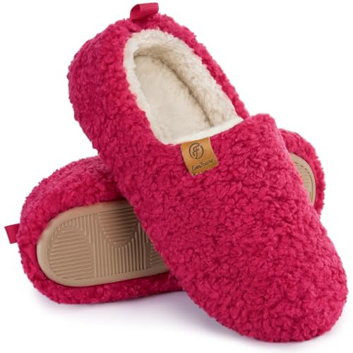 EverFoams Damen Warme Lammfell Memory Foam Vollpantoffel Anti-Rutsch Leicht Atmungsaktiv Winterhaus Rosenrot, 42-43 EU
