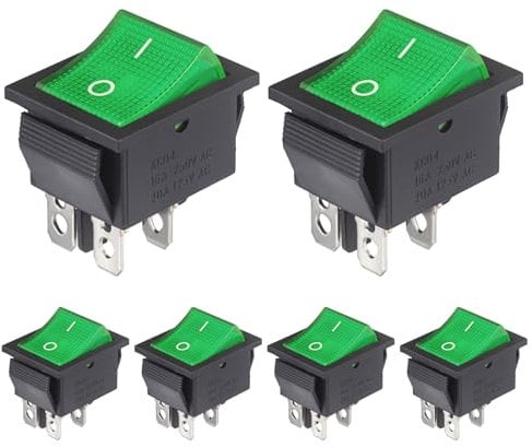 VEXUNGA Interruptor Basculante 16A 250VAC 20A 125VAC Interruptores Conmutador 2Posiciones 4Pines ON-OFF DPST Pulsador Luz Verde (Paquete de 6)