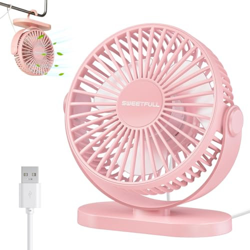LULUWA Ventilateur De Bureau USB Petit, Silencieux 3 Vitesses 5 Mini Ventilateur Portable Personnel Rotation À 360° Réglable Gadgets De Refroidissement De Table De Bureau (Rose)