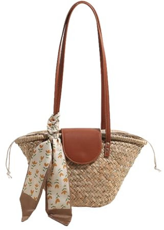 Korbtaschen Damen Sommer Strandtasche mit Band, Handtasche Damen Handgewebte Tasche, Sommer Stroh handgefertigte Geflochtene Schultertasche für Frauen Reisen Urlaub Strand (braun)