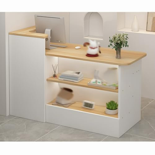 Empfangstresen, Rezeptionstheken, Moderne, minimalistische Empfangstheke an der Vorderseite, Empfangstheke mit offenen Regalen, optionale erhöhte Regale links u(Size:140x100x45cm,Color:Walnuss/links)