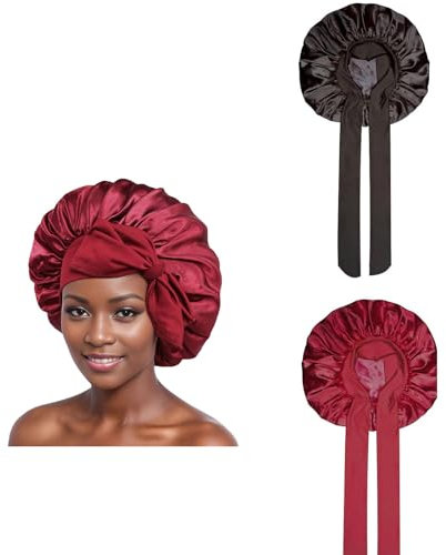 Dinghaole 2 Stück Seidenhaube zum Schlafen, Seide Locken Atmungsaktive Seide Schlafmütze, Doppelte Seidennachtmütze für lockiges Haar, Atmungsaktive, für Damen und Mädchen
