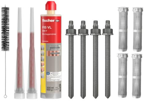 Schwerlastbefestigung SET M8x110mm EDELSTAHL A4 - FISCHER Montagemörtel VL300 T + 4 Gewindestangen + 4 Siebhülsen 12x85mm + Zylinderbürste/Klebeanker Ankerstangen