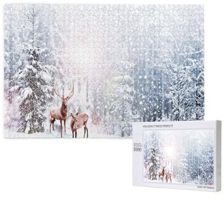 Hirsch im Winterwald, Puzzle 1000 Teile, Holzpuzzle, Spielzeug, Familienspiel, Wanddekoration für Erwachsene und Teenager