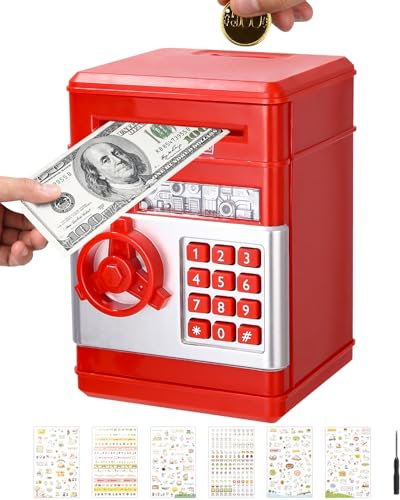 Birshe Elektronische Spardose Safe,Spardose mit Passwort Spardose für Kinder Elektronische Geldbank Number Bank ATM Geldmünzbanken Automatische Papiergeldrolle mit Niedliche Aufkleber Geschenk Rot