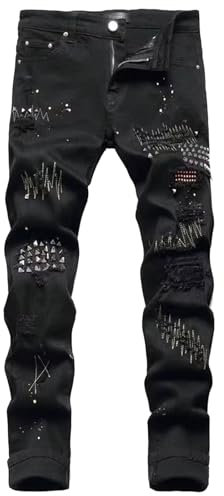 Pantalones vaqueros térmicos para hombre, con parche de punto de pintura, pantalones de hip hop, ajustados, elásticos, ajustados, ajustados, pantalones de mezclilla, corte regular, pantalones vaqueros