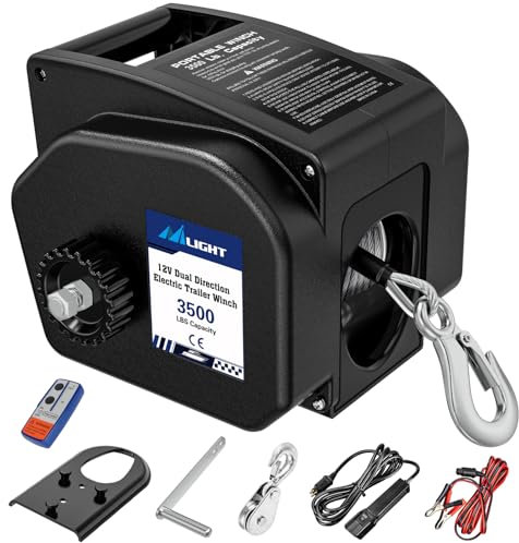 Nilight Boat Trailer Winch 3500 lbs Portable Electric Boat Winches 12 V DC Marine Winch with Remote Control and Hand Crank Power-in Freewheel Operation Waterproof Reversible Winch for Boat Trailer