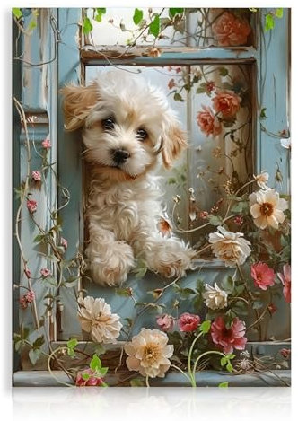 Dazzlewall Niedlicher Garten Hund Wanddeko Bild Hund Leinwand Wandkunst Welpe Tierbilder für Toilette Badezimmer 30×40 cm Ungerahmt