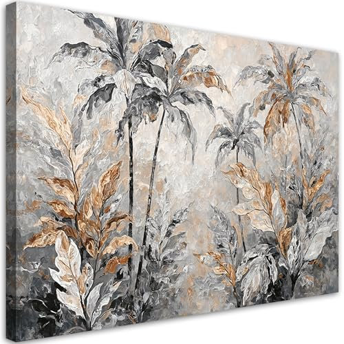 Feeby Leinwandbild - Bilder Wohnzimmer - Palmenblätter Abstrakt Grau Gold - 120x80 cm XXL 1tlg - Deko Schlafzimmer - Wanddekoration - Aesthetic - Groß Moderne Bild - Foto auf Leinwand