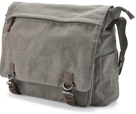 Trendhim Messenger Bag Herren | Canvas Umhängetasche mit Lederdetails & Laptopfach | Schultertasche für Alltag, Arbeit, Büro & Freizeit, 15 Zoll | Grau