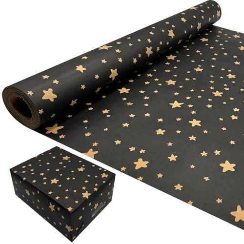 Rouleau de papier cadeau d'anniversaire : Papier cadeau noir motif étoile, kraft recyclable, 43 cm x 15 m