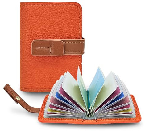 FuninCrea Porte Carte Femme avec 22 Pochettes de Cartes Indépendantes, Porte Carte Bancaire en Faux Cuir Compact Portefeuilles Femme Card Holder avec Fermeture à Bouton-Pression (Orangé)