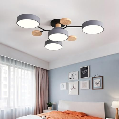 ELINKUME LED Deckenleuchte Modern,89cm Deckenlampe,4 Köpfe Holz Deckenleuchte,48W Groß Halbbündige Montage Deckenlampe fürSchlafzimmer,Wohnzimmer,Flur,Büro,Küche Flu,Kinderzimmer(grau)
