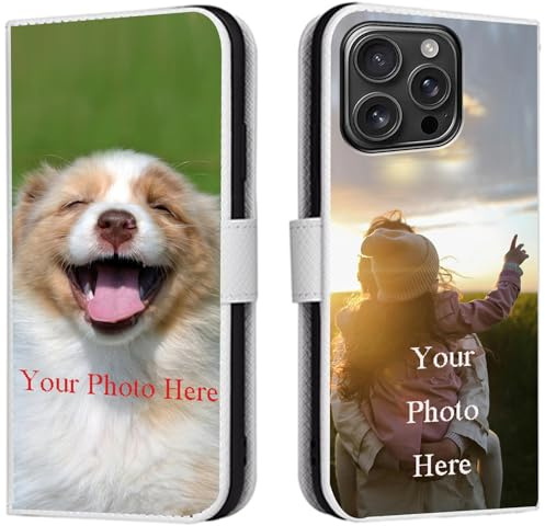 FortiCase Personalisierte Hülle für iPhone 15 Pro,Flip Leder Hülle Kartenfach Standfunktion Case,mit Eigenem Foto Bild Text Personalisiert Handyhülle - White-LN4
