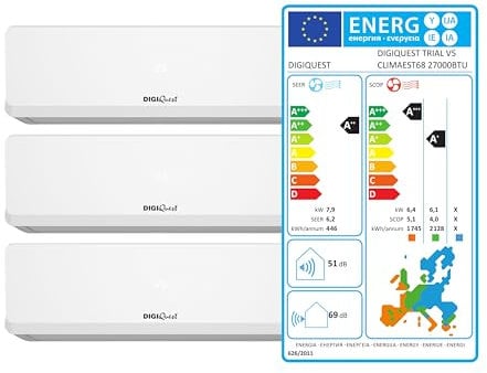 Kit TRIAL Climatizzatore Digiquest Inverter serie V5| 9+9+12 BTU| R-32 |Wi-Fi |Classe A++/A+ | I FEEL | Timer |Funzione TURBO|Flusso d'aria 3D |Auto Restart |Modalità Notte|SEER 6,2|SCOP 5,1