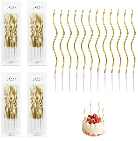 48 Stück Spiral Kuchen Kerzen, Geburtstagskerzen für Torte, Party Dekoration Kerzen mit Ständer. Metallic Tortendeko für Geburtstag Kinder Erwachsene Hochzeit Jubiläum Party, Goldene 15 cm Hoch