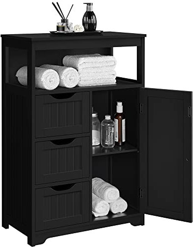 Yaheetech Badezimmerschrank, Unterschränke Beistellschrank, Badschrank mit 3 Schubladen und 1 Tür, verstellbare Regalebene, Wohnzimmer/Küche/Flur, Schwarz