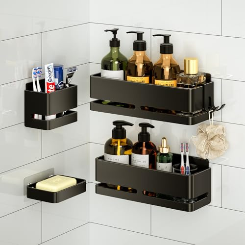 YESENT Bathroom Shower caddy,No drill shower shelves(5-piece set-black) | Wall-mounted shelf with soap dish and toothbrush holder, ideal for bathroom storage and also suitable for kitchen