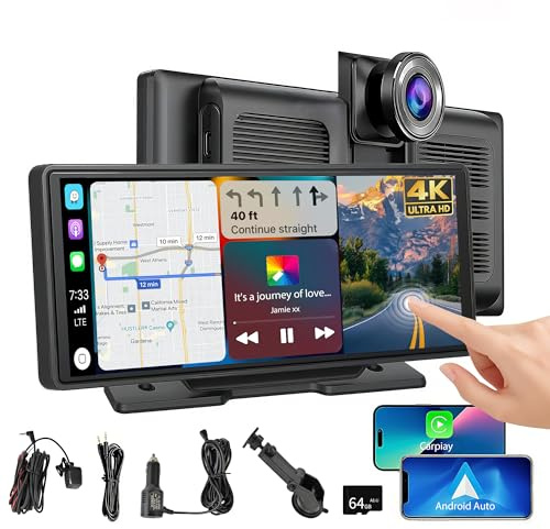 IGEAIIE 10.26 Wireless Car Tablet, Apple Carplay screen for car with 4K Front Dash Cam & 1080P Rear Camera, HD 2025 Car Play Android Auto Screen with Bluetooth/GPS/Mirror Link/64G TF/AUX