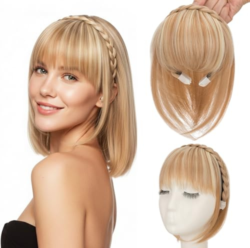 S-noilite Stirnband mit Pony, Perücken mit Pony vorne, synthetischer geflochtener Haaraufsatz mit Fransen, Haarverlängerungen, Haarteil für Frauen –Dunkelblond-Mix mit Blondblond