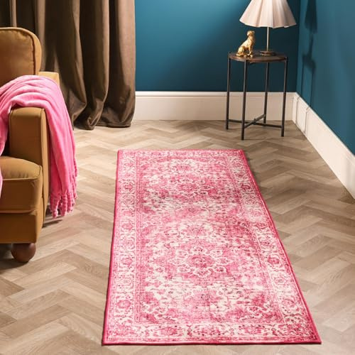 OHS Hallway Runner, Vintage Printed Pink Rugs for Living Room Decorative Non Slip Runner Rugs for Hallway Soft Comfy Low Pile Washable Rug Kitchen Floor Runner Carpet, 66 x 200cm