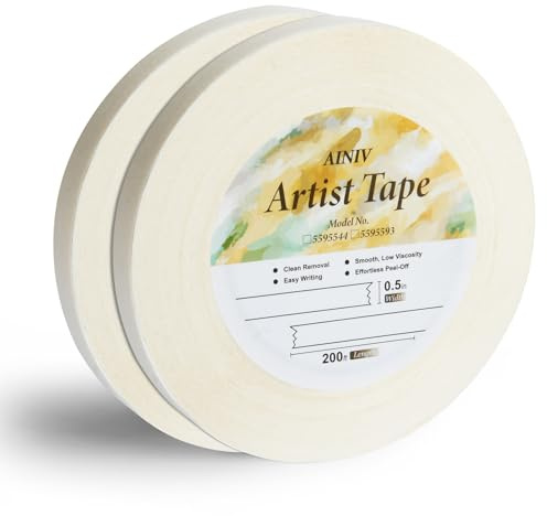 Ainiv 2 Rollen Künstlerklebeband für Aquarellpapier, 12,7mm breit, 61m lang | Künstlerband für Zeichenkunst, Weißes, Kreppband für Aquarellmalerei, Leinwandrahmen, Zeichnen, Kunst
