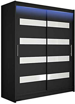 Mirjan24 Schwebetürenschrank Westa IV Kleiderschrank, Modernes Schlafzimmerschrank, Schiebetürenschrank, Garderobe, Schlafzimmer (Schwarz + Weiß Lacobel, mit RGB LED Beleuchtung)