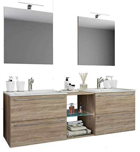VCM 3-TLG. Set | 2 Waschtisch, 2 Spiegel, 2 Waschbecken, 1 Mittelfach | Keramik Waschbecken | Unterschrank 155 cm | Badmöbel Set Doppel Waschplatz - Badinos XXL