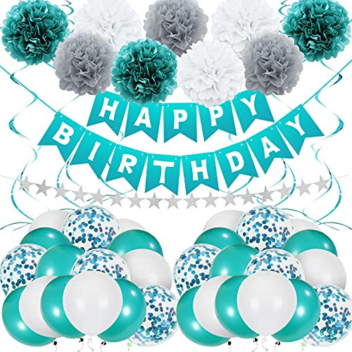 Unisun Teal Blue Geburtstags Dekoration, Teal Blue Party Ballon mit Happy Birthday Banner Konfetti Ballons Papier Pom Poms Sternengirlande für Frauen Mädchen 1. 2. 13. 18. 21. 30. 40. Babyparty