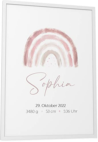 Papierschmiede® Geburtsposter, Name & Geburtsdaten personalisiert, DIN A3 (30x42 cm) Rahmen wählbar, Geburtsposter, Geburtsanzeige, Baby Geschenk Bild Geburt Jungen Mädchen - Regenbogen rosa