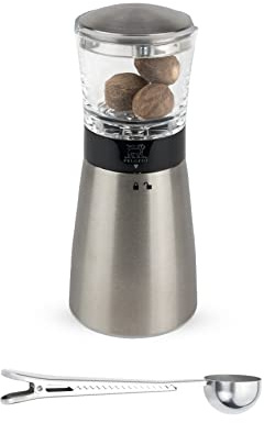 Peugeot - Madras Manual Nutmeg Mill - Spice Grinder - Stainless Steel Gift Set - With Stainless Steel Spice Scoop & Clip (Silver)