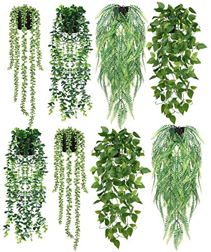 Jexine Künstliche Hängepflanzen mit Topf, künstliche Topfpflanzen, Grünpflanzen, Kunststoff, künstlicher Eukalyptus, Wanddekoration für Zuhause, Zimmer, Büro, Innen- und Außenbereich, Regal, Terrasse