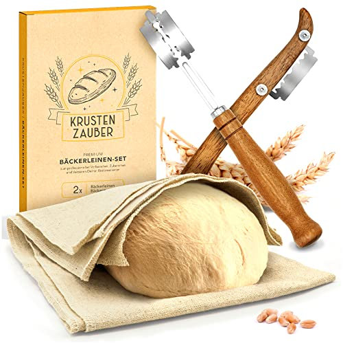 KRUSTENZAUBER Bäckerleinen und Bäckermesser Set - 2x Leinentuch 75x45cm + 2x Teigmesser - Brot Backen Zubehör, Teigschneider, Brotmesser, Gärfolie, Teigtuch, Sauerteig Starter , Brotklinge