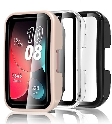 Bigqin Lot de 3 Coques de Protection Compatibles avec Huawei Band 8/Band 9/Band 10, avec Film de Protection d'écran HD Ultra Fine, Boîtier PC avec Verre Trempé – Transparent, Noir, Rose